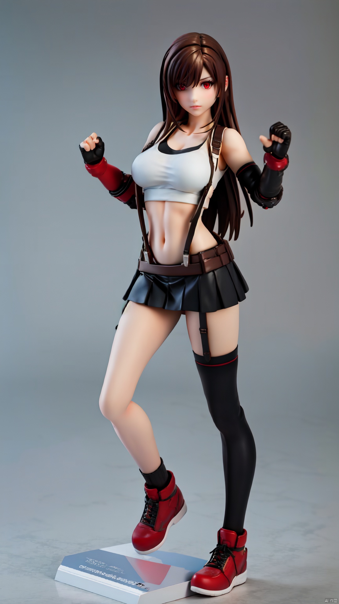 best quality,masterpiece,realistic,3D graphics,1girl,tifa lockhart,solo,thighhighs,skirt,suspenders,long hair,crop top,gloves,red footwear,suspender skirt,black thighhighs,fingerless gloves,full body,**** top,black skirt,midriff,navel,elbow gloves,boots,black hair,white **** top,clenched hands,brown eyes,fighting stance,brown hair,,full body,red eyes,figma