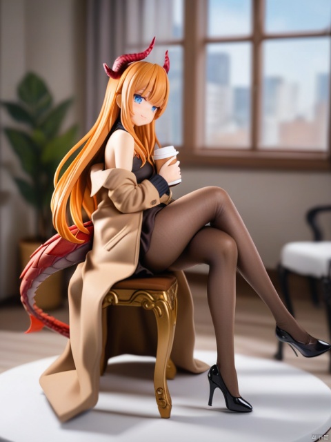  figure,(masterpiece),(highest quality),highres,(extremely detailed),figure,1girl,dragon horns,dragon wings,dragon tail,dragon girl,pantyhose,solo,long hair,sitting,smile,looking at viewer,tail,black legwear,high heels,blue eyes,crossed legs,blush,bangs,off shoulder,black footwear,long sleeves,brown hair,bare shoulders,blurry,black shirt,shirt,closed mouth,brown shirt,wings,outdoors,blurry background,orange hair,blunt bangs,sleeveless,brown dress,jacket,from side,brown coat,brown jacket,window,sleeveless shirt,dress,very long hair,depth of field,shoes,disposable cup,coffee cup,coat,feet out of frame,depth of field,blurry foreground,blurry background,