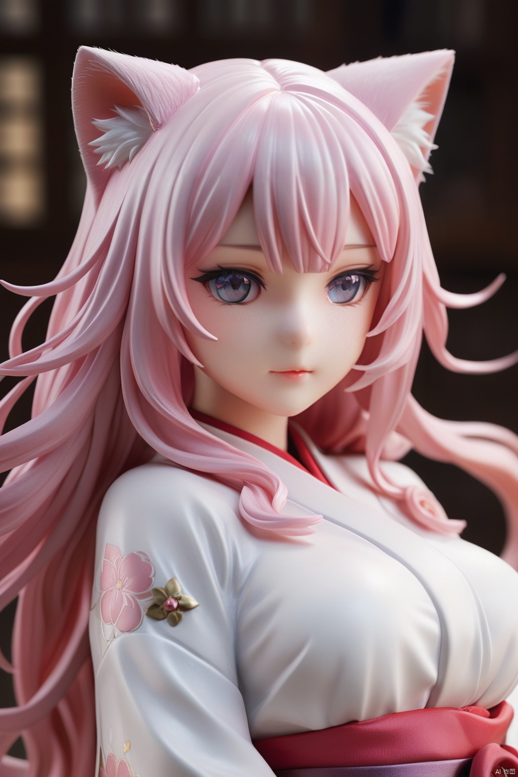 (masterpiece),(highestquality),Anime,(extremelydetailed),figurine,1girl,solo,cuty face,Beautiful detailed eye,,upper body,ray tracing,Reflected light,(very detailed light),(Beautiful Lighting)++++(best quality),masterpiece, best quality,medium breasts,best quality,beautiful detailed eyes,(pink hair), wavy hair,disheveled hair,cat ears,messy hair, long bangs, hairs between eyes,extremely detailed, floating hair,highleg,solo, best quality, masterpiece, highres, original, extremely detailed wallpaper,{an extremely delicate and beautiful}, pink eyes, {beautiful eyes},kimono, (\shuang hua\), figure