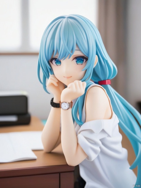  figure,(masterpiece),(highest quality),highres,(extremely detailed),hatsune miku,light blue hair,bunches,1girl,smile,looking at viewer,wristwatch,blue eyes,solo focus,bracelet,shirt,solo,(with 1 hands:1.3),white shirt,in the office,