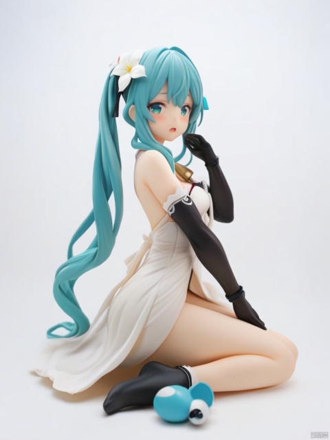  figure,masterpiece,best quality,1girl,(hatsune miku:1.3),solo,looking at viewer,white background,hair flower,black gloves,dress,alternate costume,bell,blush,sitting,detached sleeves,simple background,bare shoulders,open mouth,white flower,