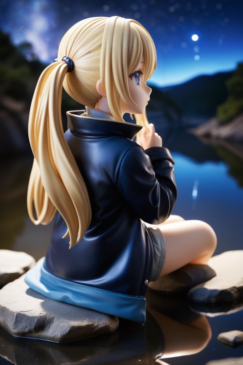 (masterpiece),(highestquality),Anime,(extremelydetailed),figurine,1girl,blonde hair,blue eyes,very long twin tails,((looking up)),(from side),sitting,rocks,river,((reflection,night,star_(sky))), hand up, (full body,mid shot,depth of field),(from above),dark_blue down coat,bare leg,shorts,backlight, sharp hair,pupils sparkling, figure