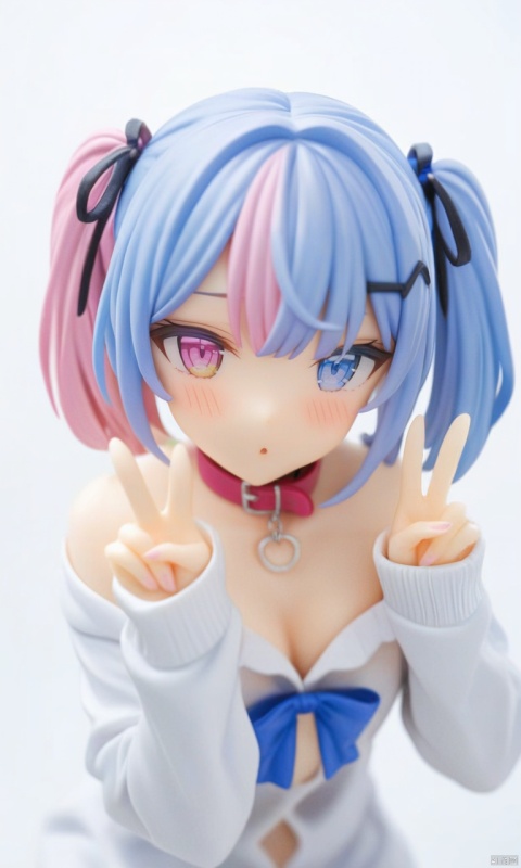  figure,(masterpiece),(best quality)1girl, hair ornament, heterochromia, blue eyes, blue hair, solo, sleeves past wrists, bow, collar, blush, v, pink hair, pink eyes, looking at viewer, white background, simple background, twintails, multicolored hair, short hair, long sleeves, bangs, blue bow