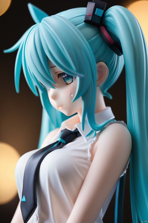 (masterpiece),(highestquality),Anime,(extremelydetailed),figurine,1girl, solo, hatsune miku, twintails, long hair, tears, crying, upper body, shirt, crying with eyes open, necktie, sleeveless, aqua eyes, blush, bare shoulders, sleeveless shirt, aqua hair, hair ornament, bangs, from side, white shirt, collared shirt, hair between eyes, blue hair, bokeh, shiny, light particles, blue eyes, blurry, sweat, floating hair, closed mouth, aqua necktie, shiny hair
