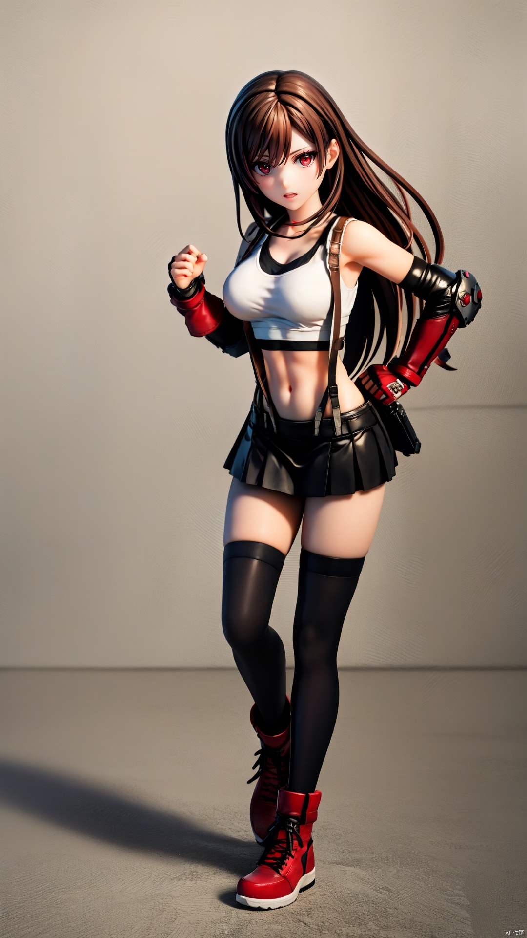1girl, tifa lockhart, solo, thighhighs, skirt, suspenders, long hair, crop top, gloves, red footwear, suspender skirt, black thighhighs, fingerless gloves, full body, **** top, black skirt, midriff, navel, elbow gloves, boots, black hair, white **** top, clenched hands, brown eyes, fighting stance, brown hair,,full body,red eyes,