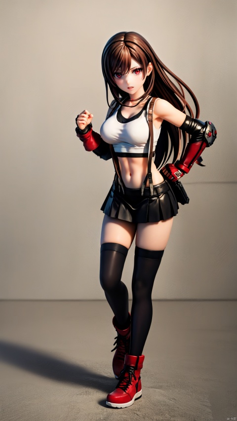 1girl, tifa lockhart, solo, thighhighs, skirt, suspenders, long hair, crop top, gloves, red footwear, suspender skirt, black thighhighs, fingerless gloves, full body, tank top, black skirt, midriff, navel, elbow gloves, boots, black hair, white tank top, clenched hands, brown eyes, fighting stance, brown hair,,full body,red eyes,