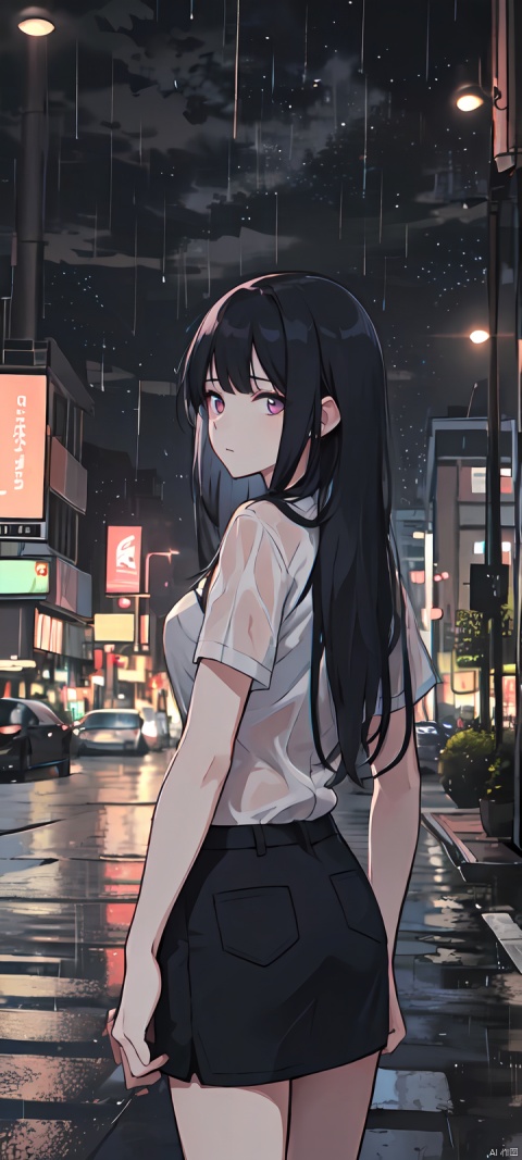  (A beautiful long haired girl), ((rainy)), (rainy), cloudy, neon lights of the city, high-rise buildings, ((solo)), atmosphere, movie quality, story sense, standing in the middle of the road, solo, high-rise buildings on both sides, neon lights, neon lights, starry sky, high quality, high details, high resolution, backlight,1girl, (rain on the face), bra