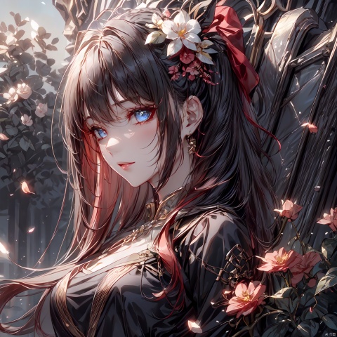  ((Extreme close - up)),a beautiful girl,Wearing an black evening dress, with many falling petals, petals floating in the air, long hair, and various flowers surrounding the frame,roaring, many details, glow effect, high detail, Detail Shot( ECU) , Quixel Megascans Render, masterpiece,highres, upper,danjue,2D,(rich colour),(solo),black-hair, shine eyes01, huan, heigirl,in the garden,from front