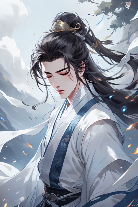 Ancient martial arts, blue military uniform. Blue white Hanfu, detailed Hanfu, 1boy, solo, long hair, ponytail, clothes fluttering in the wind, hair fluttering in the wind, eyes closed, surrounded by swords, swords floating in the air, ((flames floating in the air)), leaves floating in the air, azure sky, white clouds, colorful masterpieces, high-quality, detailed, high-resolution, handsome boy, (((eyes closed))),chinese style, colorful, a boy with black and white hair_long hair_hanfu, BY MOONCRYPTOWOW,(upper_body)