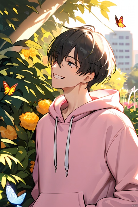  A handsome boy with short hair, wearing a pink hoodie, lively and relaxed atmosphere, soft light, outdoor, sunshine, flowers and plants, butterflies, looking at the audience, laughing, hands in his pocket, a tear mole in the right corner of his eye, high-quality, high-resolution, high detail, masterpiece, 1male