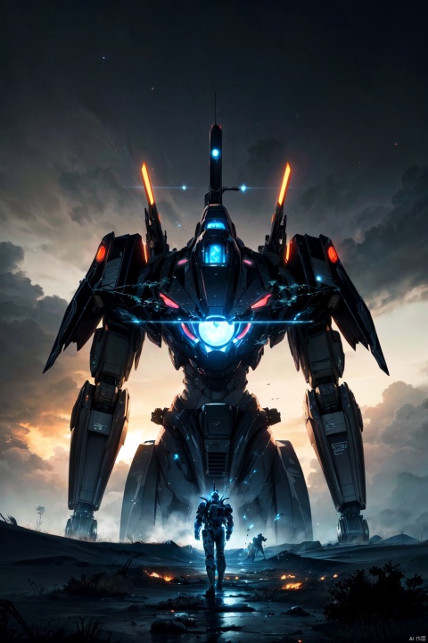 A huge black and white mecha stands on a desolate land (rainy day), with a dreamy atmosphere, cool tones, science fiction epic (ultimate special effects, ultimate details, masterpiece, high-quality: 1.4), (imaginative, epic scene), a huge planet, with a huge planet in the sky (shocking scene), a detailed mecha, science fiction style, Hollywood blockbusters, technology sense, neon lights on the mecha, rich design sense, grand scene,((poakl)), backlight, sboe,(upper_body of mech)