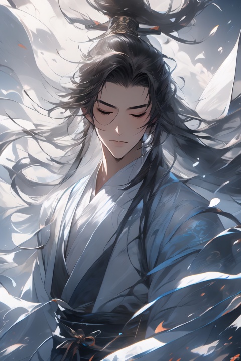  Ancient martial arts, blue military uniform. Blue white Hanfu, detailed Hanfu, 1boy, solo, long hair, ponytail, clothes fluttering in the wind, hair fluttering in the wind, eyes closed, surrounded by swords, swords floating in the air, ((flames floating in the air)), leaves floating in the air, ((water flowing in the air)), azure sky, white clouds, colorful masterpieces, high-quality, detailed, high-resolution, handsome boy, (((eyes closed))),chinese style, midjourney portrait, Daofa Rune, a boy with black and white hair_long hair_hanfu