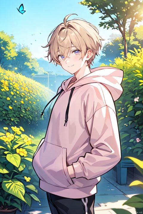  A handsome boy with short hair, wearing a pink hoodie, lively and relaxed atmosphere, soft light, outdoor, sunshine, flowers and plants, butterflies, looking at the audience, smile, hands in his pocket, a tear mole in the right corner of his eye, high-quality, high-resolution, high detail, masterpiece, 1male