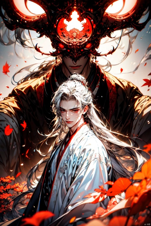  A young man with long white hair, a red and white Hanfu, (floating leaves in the air), a handsome face, upper body, a dreamy atmosphere, sunshine, light, (ultimate special effects, ultimate details, masterpiece, high-quality: 1.4), (imaginative, epic scene), a huge sword, a huge sword behind, a heart shaking scene, with rich decorations on the clothing, immortal and chivalrous style, Chinese style, and ancient style,Osborn, backlight