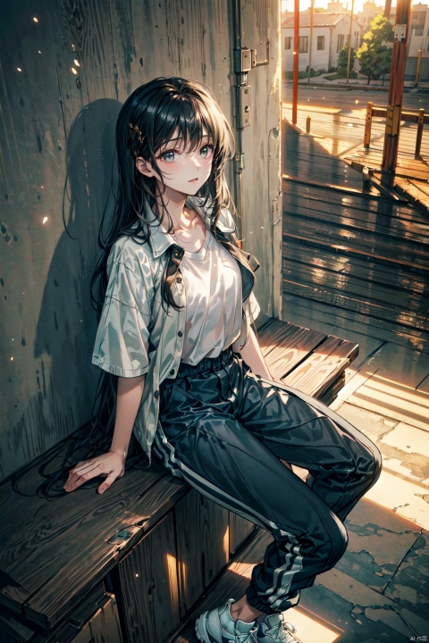  A young girl with golden long hair, white T-shirt, open black and white school uniform jacket, flowing clothes, sports pants, beautiful face, sports shoes, sitting on the ground, hands supporting the ground, girlish feeling, design sense, anime, soft light, relaxed atmosphere, sunshine, light, (ultimate special effects, ultimate details, masterpieces, high-quality:1.4), (imaginative, relaxed and freehand scenes, pleasant scenery, outdoor), ((from above)), Light master, ((poakl))