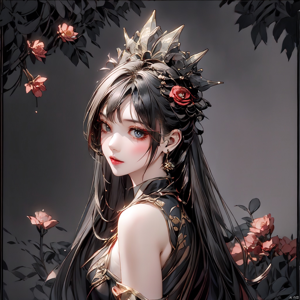  ((Extreme close - up)),a beautiful girl,Wearing an black evening dress, with many falling petals, petals floating in the air, long hair, and various flowers surrounding the frame,roaring, many details, glow effect, high detail, Detail Shot( ECU) , Quixel Megascans Render, masterpiece,highres, upper,danjue,2D,(rich colour),(solo),black-hair, shine eyes01, huan, heigirl,in the garden