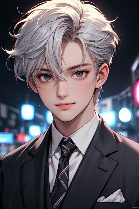  1boy,solo, ((A boy wearing a shirt)), wearing a suit, open suit, fluttering suit, fluttering hair, muscles, handsome face, black eyes, detailed skin, colorful background, ((many strip lights)), ((various different colored lights)), cinematic texture, cinematic lighting effects, high-resolution, rich color elements, game scenes, danjue,short hair,(masterpiece:1.2),smile