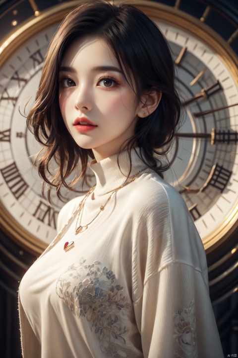 A mature male with short black hair, an open white coat, a black turtleneck sweater, stopwatches floating in the air, a handsome face, ((upper body)), a dreamy atmosphere, sunshine, light, (ultimate special effects, ultimate details, masterpiece, high-quality: 1.4), (imaginative, epic scene), a huge clock, a huge clock behind the back, a heart shaking scene, rich decorations on clothing, necklaces