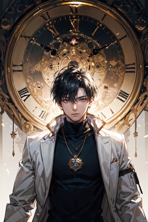 A mature male, short black hair, an open white coat, a black turtleneck sweater, stopwatches floating in the air, a handsome face, ((upper body)), a dreamy atmosphere, sunshine, light, (ultimate special effects, ultimate details, masterpiece, high-quality: 1.4), (imaginative, epic scene), a huge clock, a huge clock behind the back, a heart shaking scene, rich decorations on clothing, necklaces, Osborn, backlight
