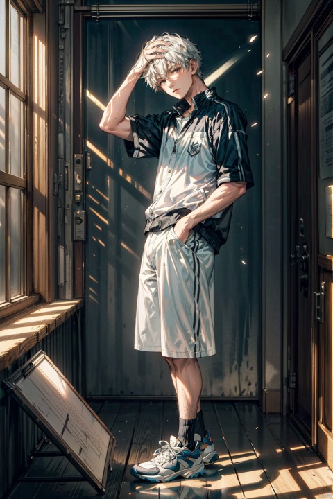  A male with short white hair, a T-shirt, an open black and white school uniform jacket, flowing clothes, a handsome face, sports shoes, ((hands placed behind his head)), design sense, anime, soft light, relaxed atmosphere, (sunshine, light), (ultimate special effects, ultimate details, masterpiece, high-quality:1.4), (imaginative, relaxed and freehand scenes, pleasant scenery), Light master, ((poakl))