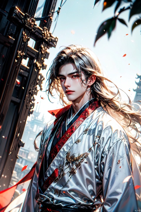  A young man with long white hair, a red and white Hanfu, (floating leaves in the air), a handsome face, ((upper body)), a dreamy atmosphere, sunshine, light, (ultimate special effects, ultimate details, masterpiece, high-quality: 1.4), (imaginative, epic scene), a huge sword, a huge sword behind, a heart shaking scene, with rich decorations on the clothing, immortal and chivalrous style, Chinese style, and ancient style,Osborn, backlight
