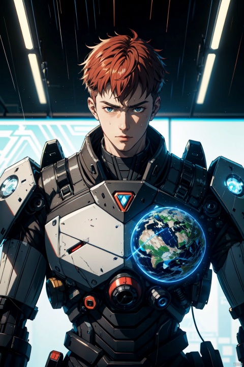 A young man with short red hair, wearing a black and white mech (on rainy days), a handsome face, (upper body), a dreamy atmosphere, cool tones, (science fiction epic), (ultimate special effects, ultimate details, masterpiece, high-quality: 1.4), (imaginative, epic scenes), a huge planet, a huge planet behind, (shocking scenes), a detailed mech, science fiction style, Hollywood blockbusters, a sense of technology, neon lights on the mech, rich design sense,((poakl)), backlight, , sboe
