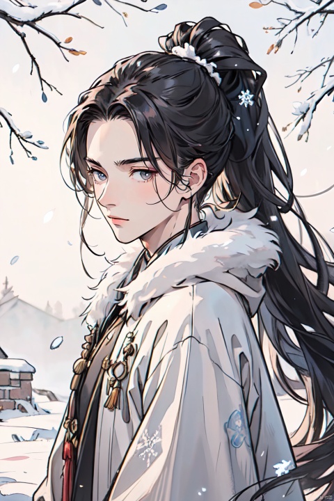  A handsome boy with long hair, long ponytail, fluttering hair in the wind, dressed in a black, white, and red ancient costume with gorgeous details, surrounded by mink fur. On a snowy day, snowflakes float in the air, (snow), hanging branches, some snow on the ground, a small path, flowers and plants in the snow, wind, high-quality, high-resolution, high detail, masterpiece, close up, suncedhy, midjourney portrait