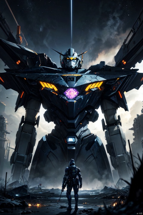 A huge black and white mecha stands on a desolate land (rainy day), with a dreamy atmosphere, cool tones, science fiction epic (ultimate special effects, ultimate details, masterpiece, high-quality: 1.4), (imaginative, epic scene), a huge planet, with a huge planet in the sky (shocking scene), a detailed mecha, science fiction style, Hollywood blockbusters, technology sense, neon lights on the mecha, rich design sense, grand scene,((poakl)), backlight, sboe,(upper_body)