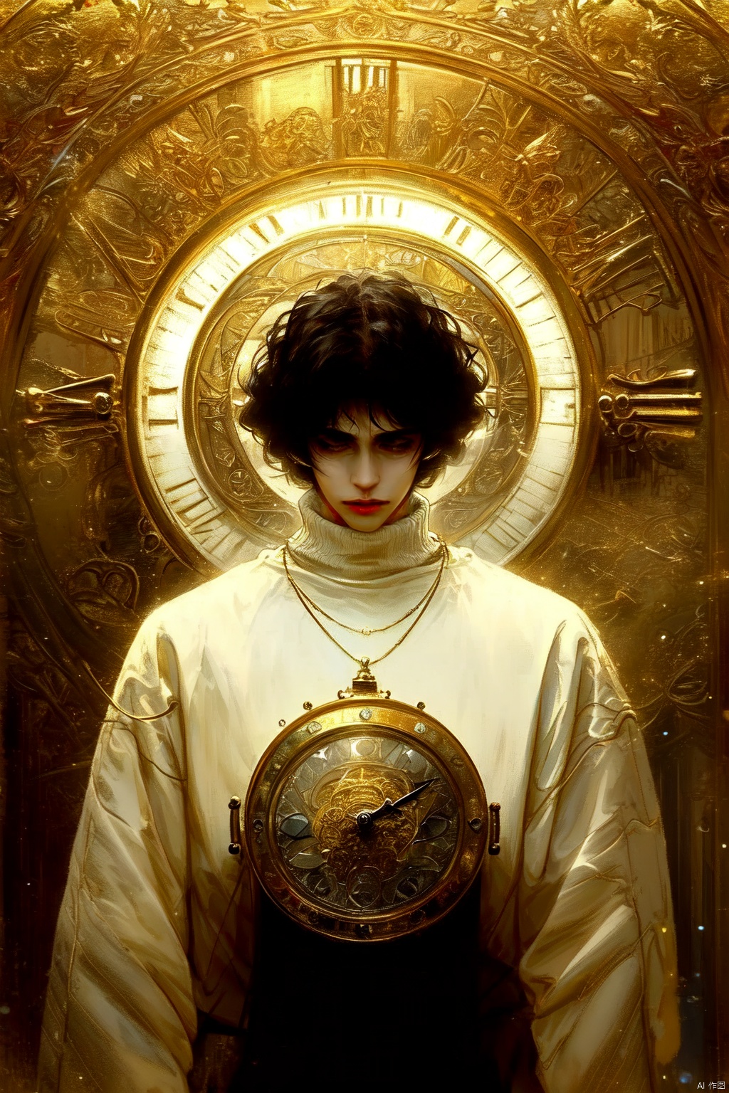 A mature male with short black hair, an open white coat, a black turtleneck sweater, a stopwatch floating in the air, a handsome face, ((upper body)), a dreamy atmosphere, sunshine, light, (ultimate special effects, ultimate details, masterpiece, high-quality: 1.4), (imaginative, epic scene), a huge clock, a huge clock behind the back, a heart shaking scene, rich decorations on clothing, necklaces