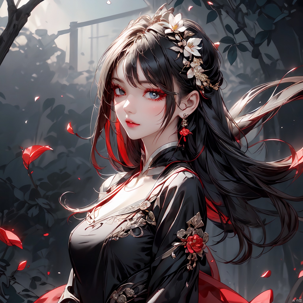  ((Extreme close - up)),a beautiful girl,Wearing an black evening dress, with many falling petals, petals floating in the air, long hair, and various flowers surrounding the frame,roaring, many details, glow effect, high detail, Detail Shot( ECU) , Quixel Megascans Render, masterpiece,highres, upper,danjue,2D,(rich colour),(solo),black-hair, shine eyes01, huan, heigirl,in the garden,from front