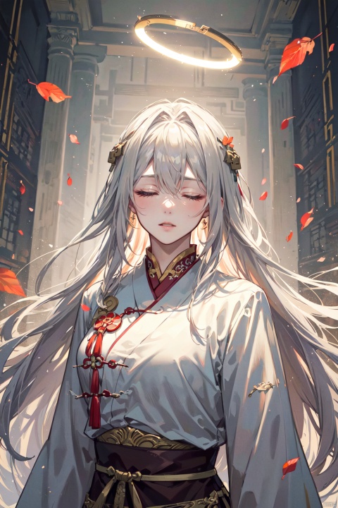 A young man with long white hair, red and white Hanfu, (floating leaves in the air), handsome face, ((upper body)), a dreamy atmosphere, cool tones, (ultimate special effects, ultimate details, masterpiece, high-quality: 1.4), (imaginative, epic scene), a huge halo, a huge halo behind, (heart shaking scene), and a rich variety of decorations on the clothing, Xianxia style, Chinese style, ancient style, full of design sense, eyes closed, ((poakl))
