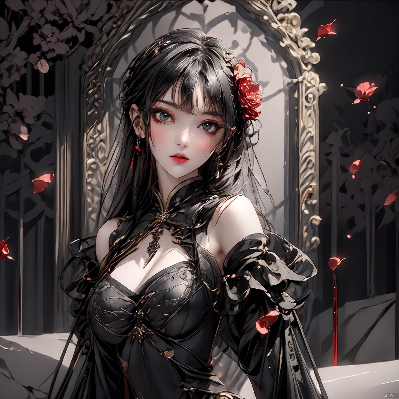  ((Extreme close - up)),a beautiful girl,Wearing an black evening dress, with many falling petals, petals floating in the air, long hair, and various flowers surrounding the frame,roaring, many details, glow effect, high detail, Detail Shot( ECU) , Quixel Megascans Render, masterpiece,highres, upper,danjue,2D,(rich colour),(solo),black-hair, shine eyes01, huan, heigirl,in the garden,from front
