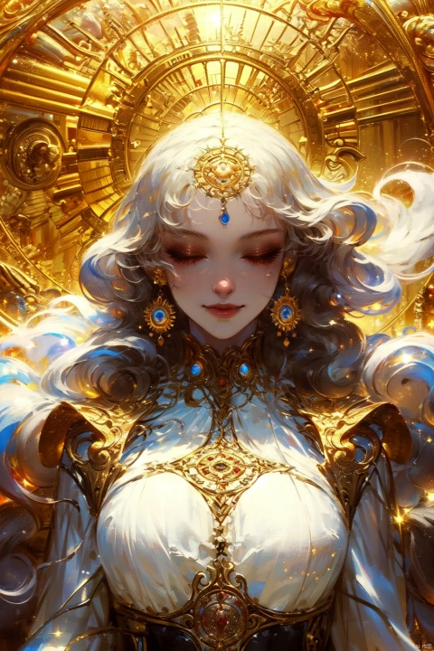 A young girl with long white hair, hair behind the ears, slightly curled hair, an open golden chiffon dress, exotic clothing, flowing golden transparent ribbons, beautiful face, ((upper body)), romantic atmosphere, sunshine, light, (ultimate special effects, ultimate details, masterpiece, high-quality:1.4), (imaginative, epic scene, sun wheel, sun wheel behind, stunning scene), smile, clothing with rich decorations, medium breasts, ((poakl)), ww,(eyes closed)