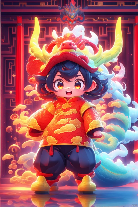  (masterpiece, top quality, best quality, official art), (full body), a fat boy,, :d, tiger tooth, Chinese Spring Festival, winter, red sweater, clothes with a hat, hat with dragon characteristics, Chinese dragon, dragon head, Chinese courtyard, indoors, messy room, red theme, masterpiece, dragon,eastern dragon, 3DMMD