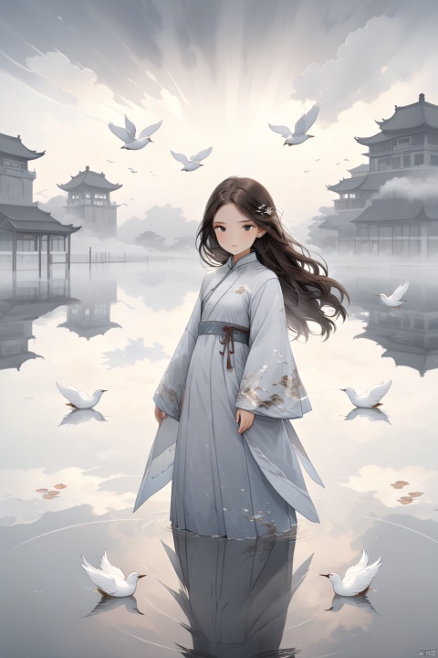 1girl, brown hair, long hair, There are clouds behind, (above ground), (water surface, reflection, surrounded by white birds), , blurry, (full body, wide shot, panorama), (grey background), (shining, fog),,, woman, China dress,