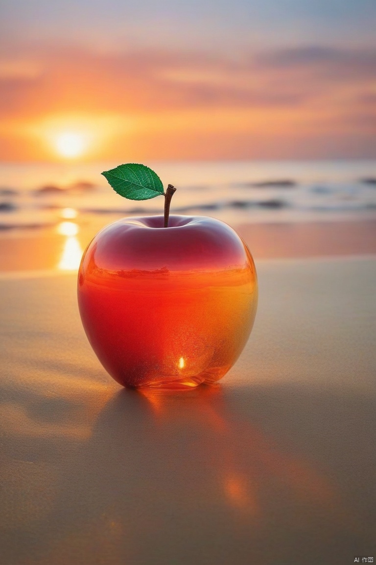  A touching glass apple, on the sand on the beach. Face the sea and watch the sunrise, light master