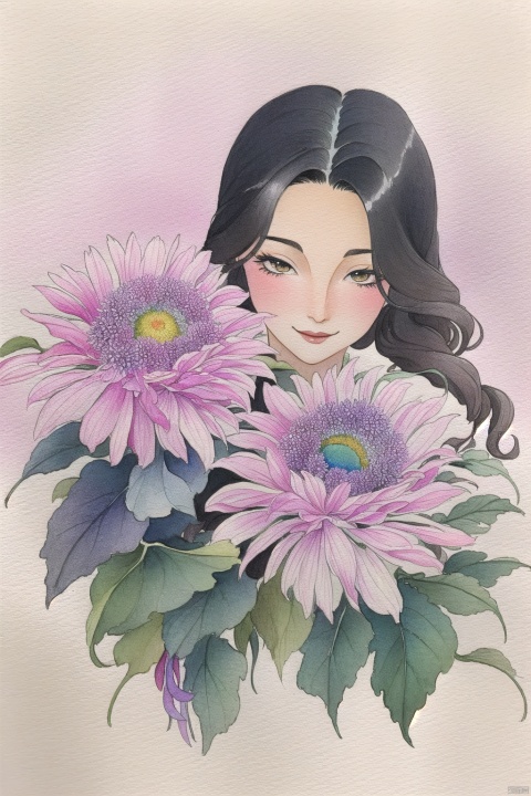  bgirl,1girl,Exquisite facial features,student uniform,looking-at-viewer,smile, flower,painting \(medium\), traditional media, watercolor \(medium\), pink flower, tree, leaf, plant, purple flower,(peacock:1.1)