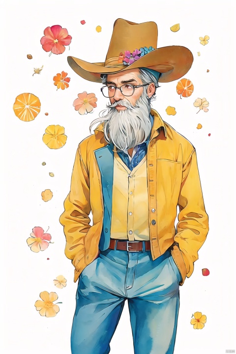 CX, solo, shirt, fruit, 1boy, facial hair, male focus, glasses, beard, food, hand in pocket, collared shirt, long sleeves, traditional media, pants, white hair, red headwear, hands in pockets, hat, blue shirt, leaf, grapes, cowboy shot, watercolor \(medium\), overalls, white background, print shirt, flower, painting \(medium\)
