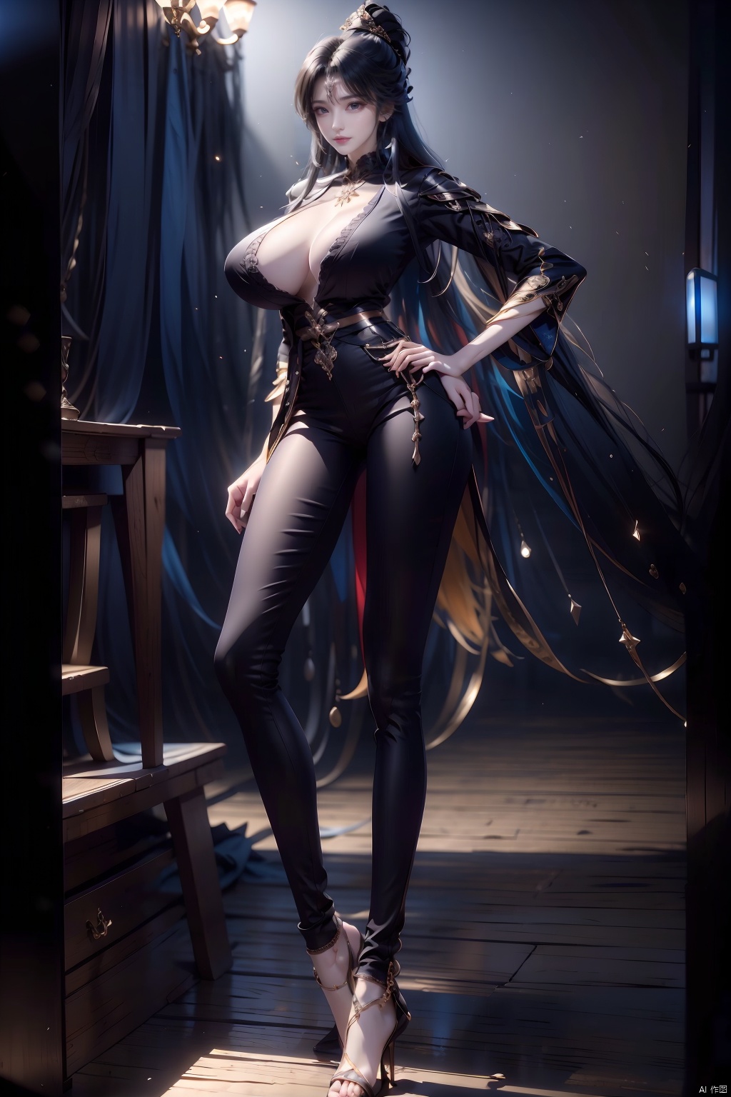  8k, [Masterpiece], standing, background blur, black background, staring at the viewer, simple background, Quality, Masterpiece, Ultra High resolution, Shadow, Full Body Portrait, full body, Girl, long black hair, Hidden hands, Large breasts, black turtleneck, dark blue skinny jeans, Heels, full body, Standing, black background, detailed eyes, Masterpiece, long legs