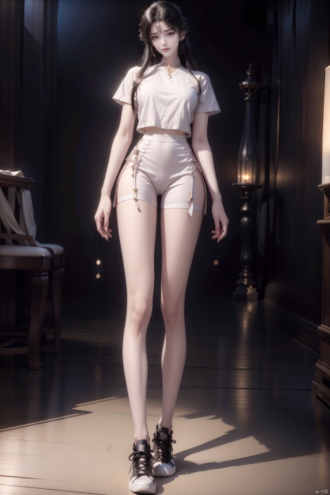  8k, [Masterpiece], standing, background blur, black background, staring at the viewer, Simple background, Quality, Masterpiece, Ultra High resolution, Shadow, Full Body Portrait, full body, Girl, long black hair, Hidden hands, large breasts, white yoga wear, white short sleeves, white tights, sneakers, full body, Standing, Black background, detailed eyes, Masterpiece, long legs