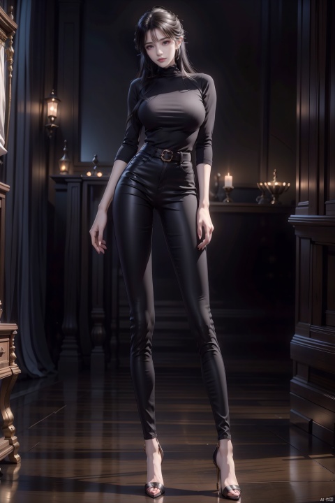  8k, [Masterpiece], standing, background blur, black background, staring at the viewer, simple background, Quality, Masterpiece, Ultra High resolution, Shadow, Full Body Portrait, full body, Girl, long black hair, Hidden hands, Large breasts, black turtleneck, ink blue skinny jeans, high heels, full body, standing, black background, detailed eyes, Masterpiece, long legs