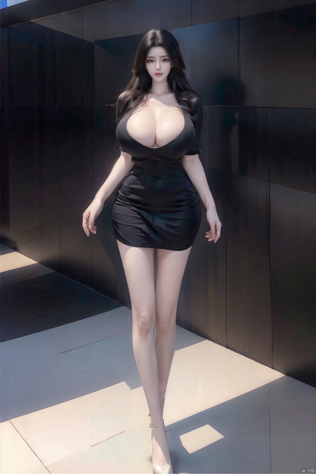 8k, [Masterpiece], standing, blurred background, black background, staring at the viewer, Simple background, Quality, Masterpiece, Ultra High resolution, Shadow, Full body Portrait, full body, Girl, HUBG Kafka, (purple hair), Kafka hairstyle, Hidden hand, (Big breast), dress, (Black short dress :1.5), Heels, full body, Standing, Detailed eyes, black heels, masterpieces, long legs,ll-hd