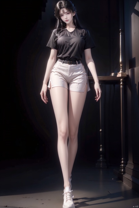 8k, [Masterpiece], standing, background blur, black background, staring at the viewer, simple background, Quality, Masterpiece, Ultra High resolution, Shadow, Full Body Portrait, full body, Girl, long black hair, Hidden hands, large breasts, white short sleeves, white tights, black shorts, sneakers, full body, standing, black background, detailed eyes, Masterpiece, long legs