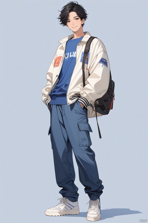  (best quality), ((masterpiece)), (highres), illustration, original, extremely detailed,jjj, 1boy, male focus, solo, black hair, shoes, white background, simple background, shirt, hands in pockets, full body, pants, white footwear, sneakers, standing, looking at viewer, brown eyes, blue shirt, jacket, short hair, smile, bag, white jacket, closed mouth