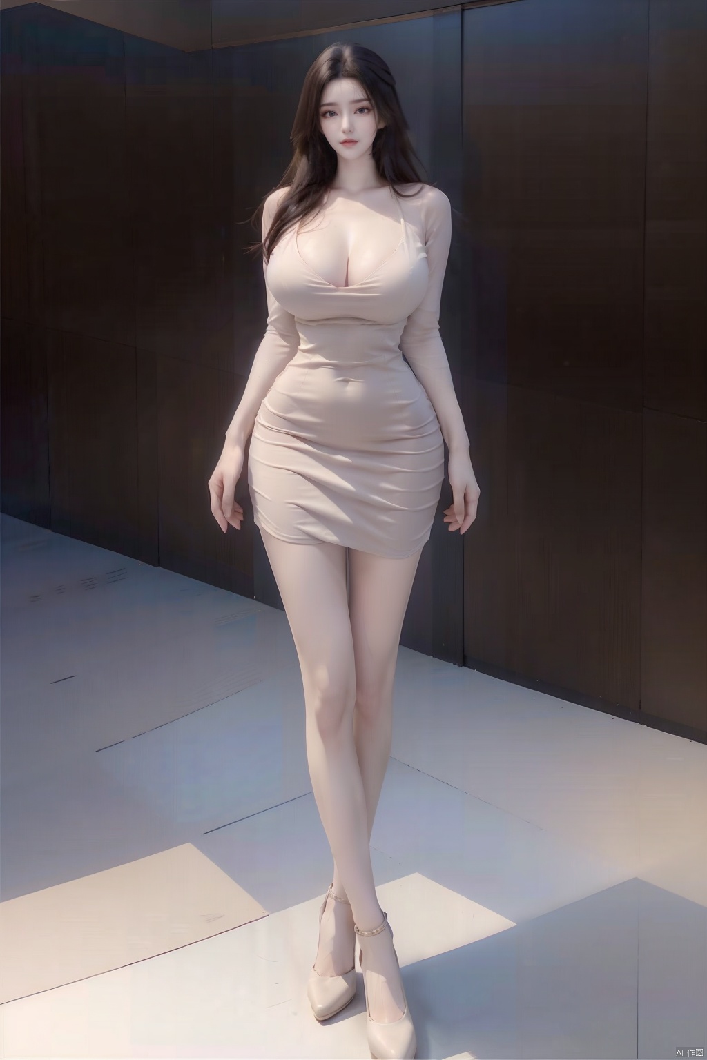 8k, [Masterpiece], standing, blurred background, black background, staring at the viewer, Simple background, Quality, Masterpiece, Ultra High resolution, Shadow, Full body Portrait, full body, Girl, HUBG Kafka, (purple hair), Kafka hairstyle, Hidden hand, (Big breast), dress, (brown dress :1.5), Heels, full body, Standing, Detailed eyes, black heels, masterpieces, long legs