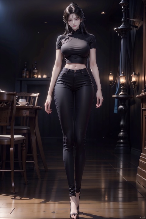  8k, [Masterpiece], standing, background blur, black background, staring at the viewer, simple background, Quality, Masterpiece, Ultra High resolution, Shadow, Full Body Portrait, full body, Girl, long black hair, Hidden hands, Large breasts, black turtleneck, dark blue skinny jeans, Heels, full body, Standing, black background, detailed eyes, Masterpiece, long legs