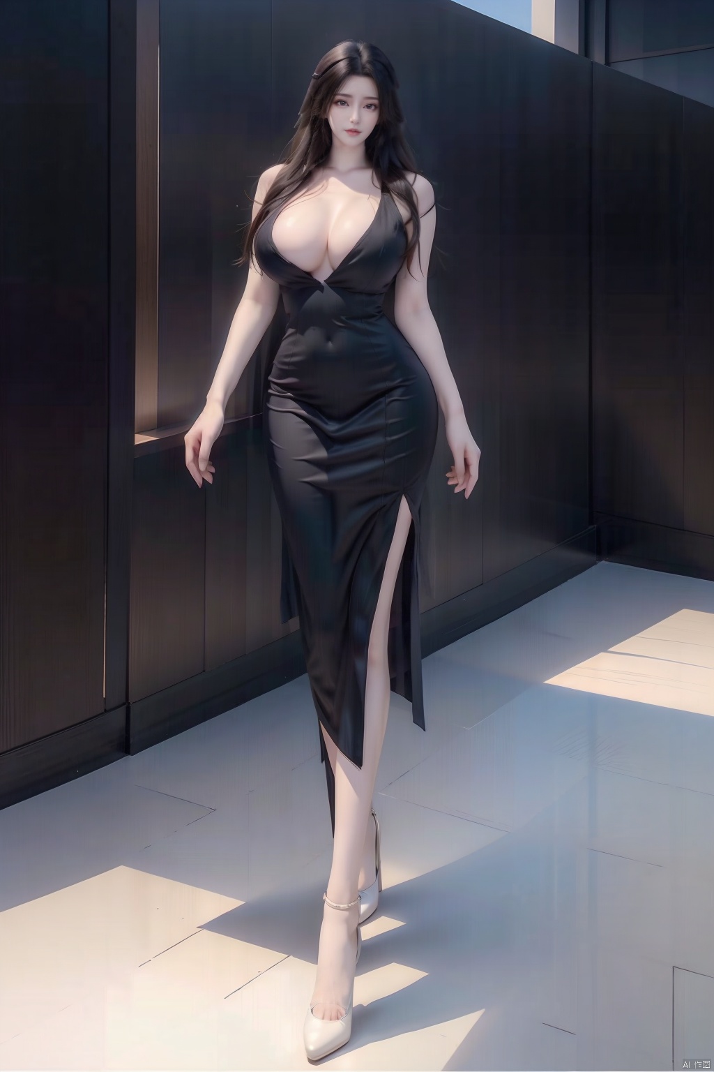 8k, [Masterpiece], standing, Blurred background, black background, staring at the viewer, Simple background, Quality, Masterpiece, Ultra High resolution, Shadow, Full Body Portrait, full body, Girl, HUBG Kafka, purple hair, Kafkaesque hairstyle, Hidden hand, (Big breast :1.5), dress, (brown dress), Heels, full body, Standing, Black background, Detailed eyes, black, heels, masterpieces, long legs