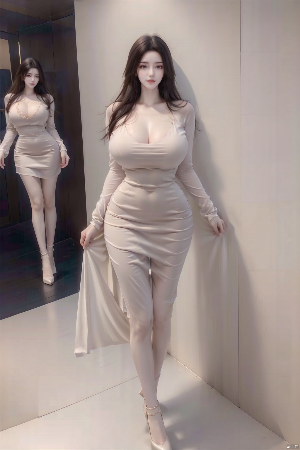 8k, [Masterpiece], standing, blurred background, black background, staring at the viewer, Simple background, Quality, Masterpiece, Ultra High resolution, Shadow, Full body Portrait, full body, Girl, HUBG Kafka, (purple hair), Kafka hairstyle, Hidden hand, (Big breast), dress, (brown dress :1.5), Heels, full body, Standing, Detailed eyes, black heels, masterpieces, long legs