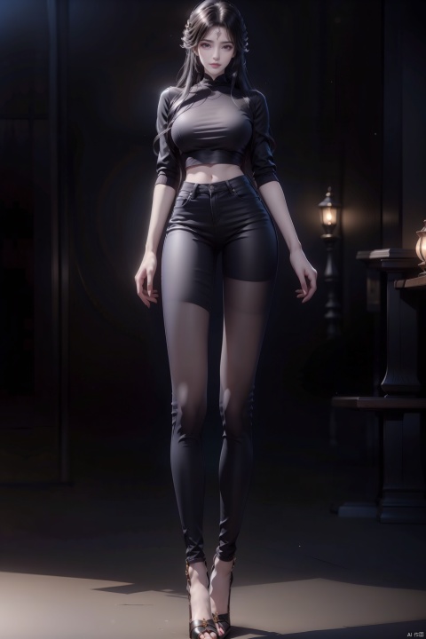 8k, [Masterpiece], standing, background blur, black background, staring at the viewer, simple background, Quality, Masterpiece, Ultra High resolution, Shadow, Full Body Portrait, full body, Girl, long black hair, Hidden hands, Large breasts, black turtleneck, dark blue skinny jeans, Heels, full body, Standing, black background, detailed eyes, Masterpiece, long legs