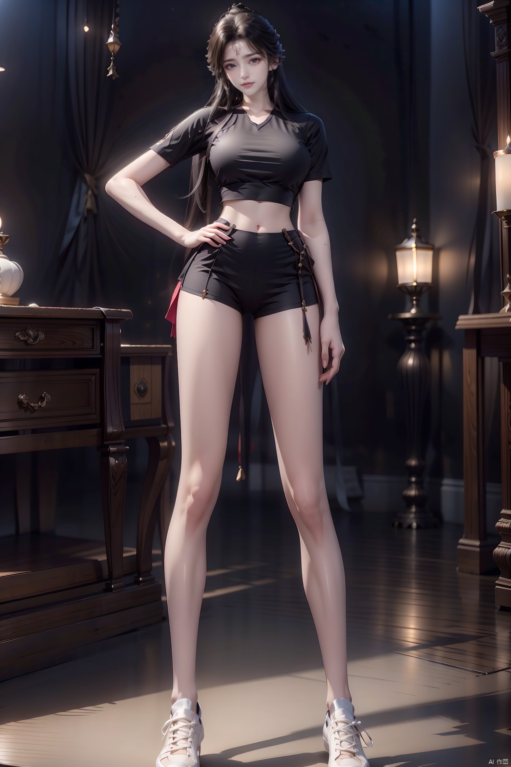  8k, [Masterpiece], standing, background blur, black background, staring at the viewer, Simple background, Quality, Masterpiece, Ultra High resolution, Shadow, Full Body Portrait, full body, Girl, long black hair, Hidden hands, large breasts, white yoga wear, white short sleeves, white tights, sneakers, full body, Standing, Black background, detailed eyes, Masterpiece, long legs